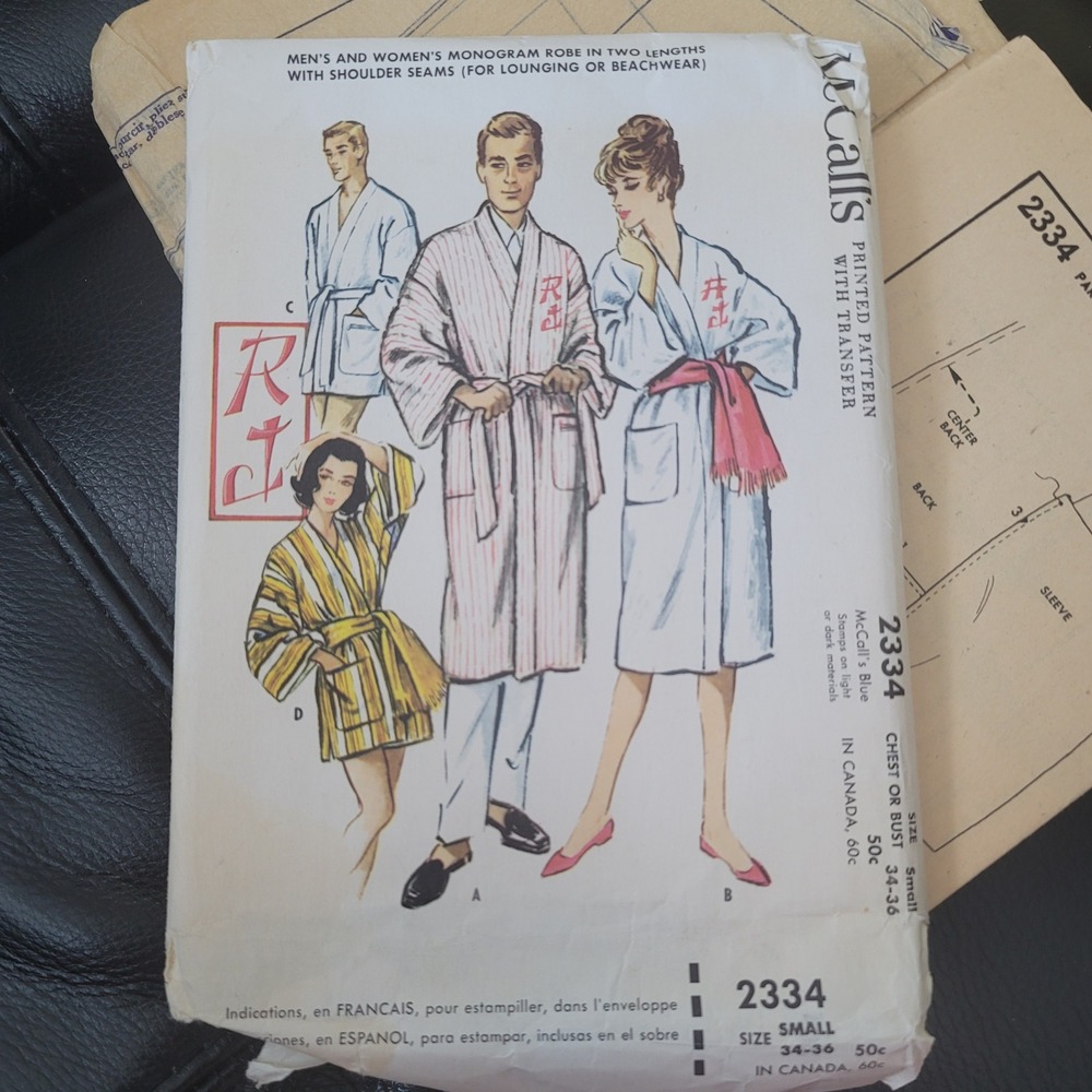 Vintage 1959 McCall's 2334 Unisex Monogram Robe Sewing Pattern Size Small 34-36
